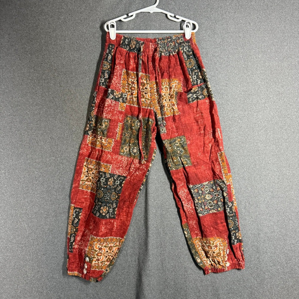 Boho Patchwork Harem Pants Red Floral Paisley Hippie Joggers Size Small